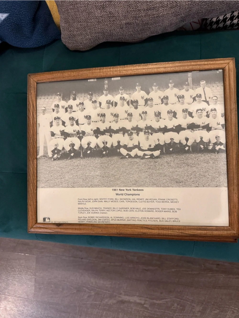 3 baseball pictures in wooden frames. Including 1961 NY Yankees & Joe DiMaggio